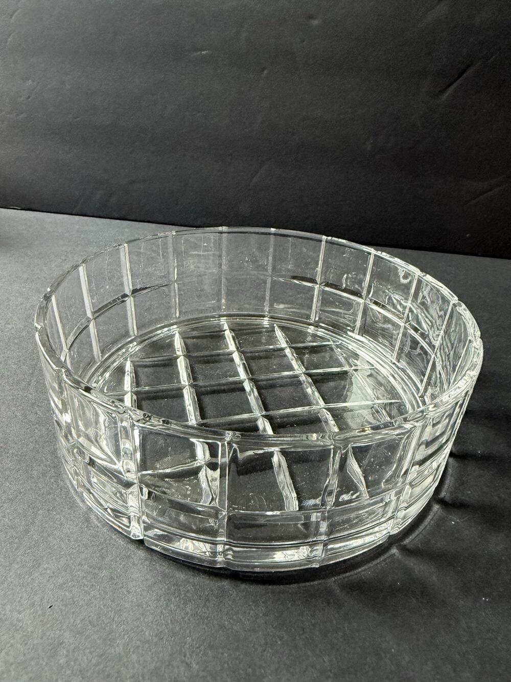 Vintage Cut Crystal Glass Tartan Pattern Bowl Clear Round Modernist Trinket Dish